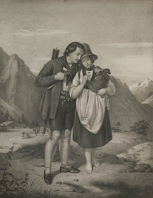 Unknown Artist - Tyrolean Lovers, Lithograph, 19th Century